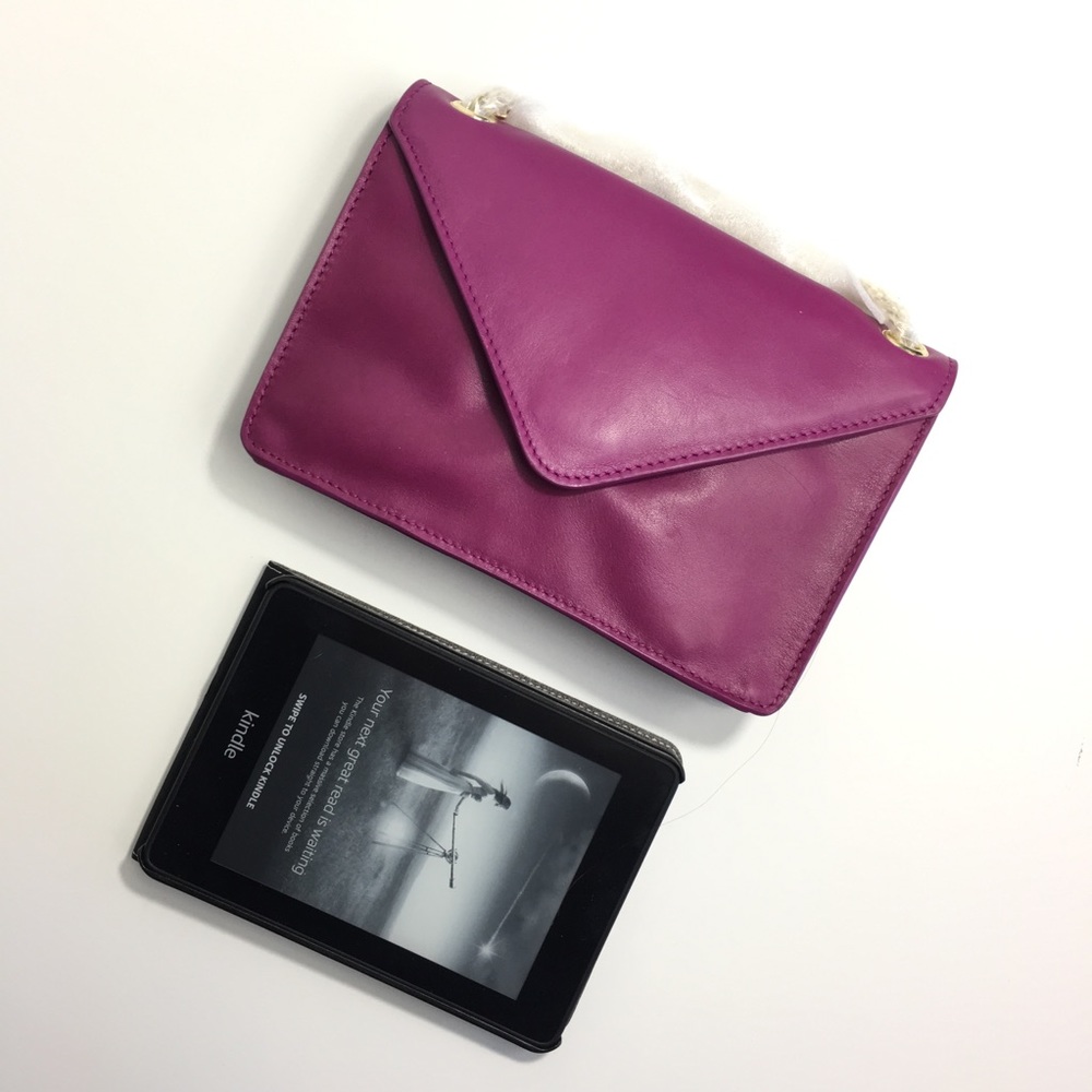 Barneys Leather Envelop Crossbody Bag Metal Chain Purple